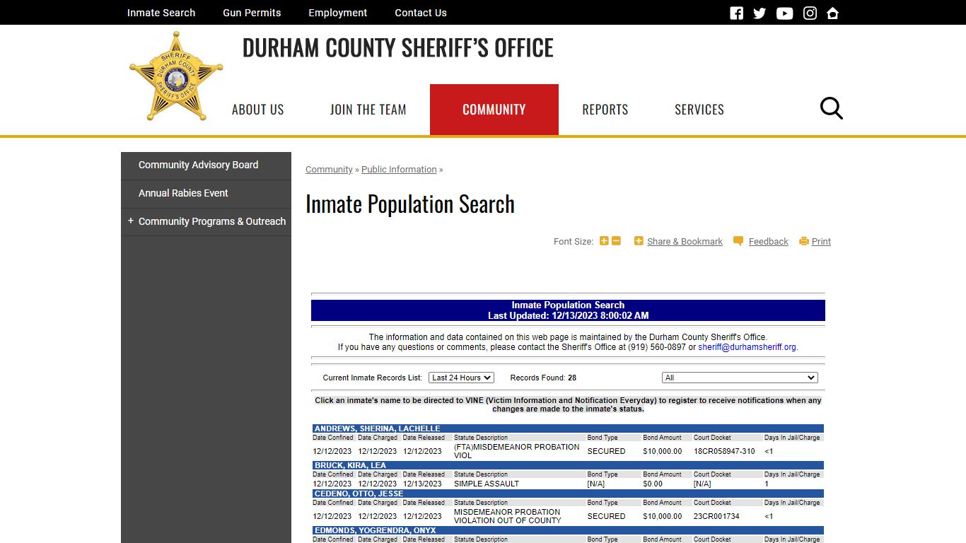 Inmate Population Search | Durham County Sheriff